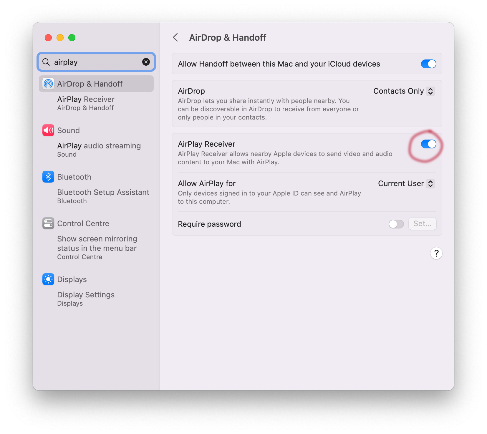 Airplay Receiver settings