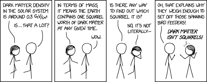 To detect dark matter, we just need to build a bird feeder that spins two squirrels around the rim in opposite directions at relativistic speeds and collides them together. CC BY-NC 2.5, Randall Munroe, xkcd.com xkcd.com comic about dark matter